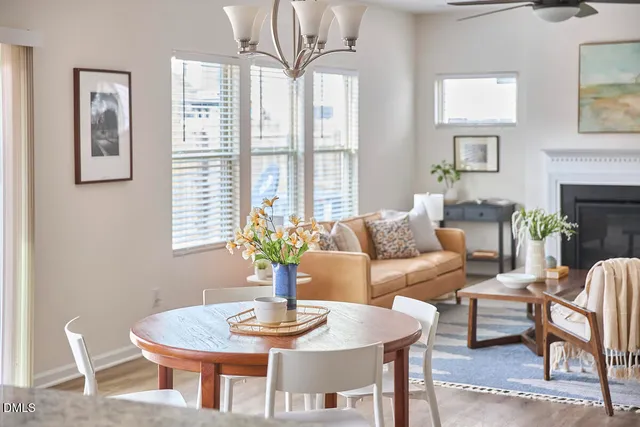 a living room with furniture a table and a potted plant