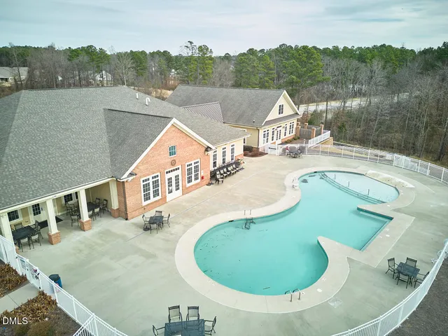 an aerial view of a swimming pool