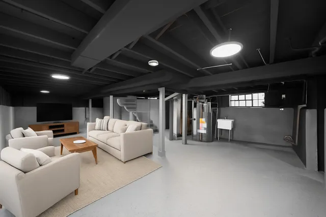 a living room with furniture a ceiling fan and a projector