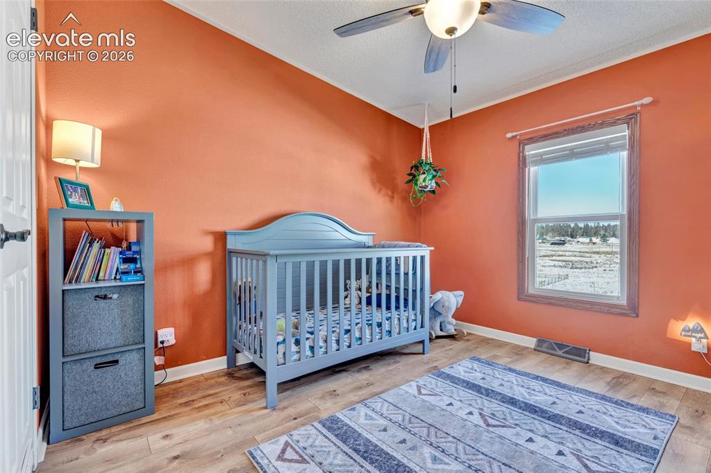83 Ridge Point Circle Divide, CO 80814 - Photo 24 of 33 Bedroom featuring a crib, light wood-style floors, and ceiling fan