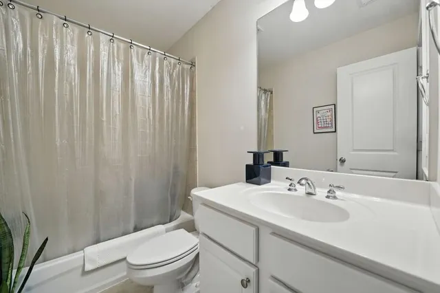 a bathroom with a sink a toilet and shower curtain