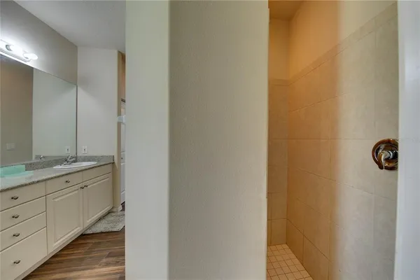 a bathroom with a granite countertop sink and a mirror