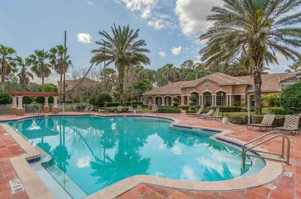 a view of a swimming pool with a garden