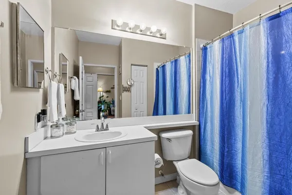 a bathroom with a toilet a sink a mirror and shower curtain