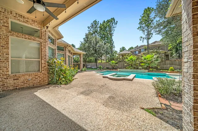a view of a backyard with plants and a patio