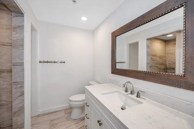 a bathroom with a toilet a sink and mirror
