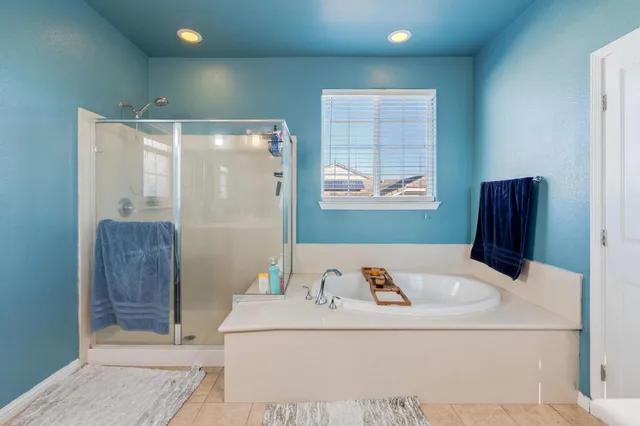 a bathroom with a bathtub and a shower