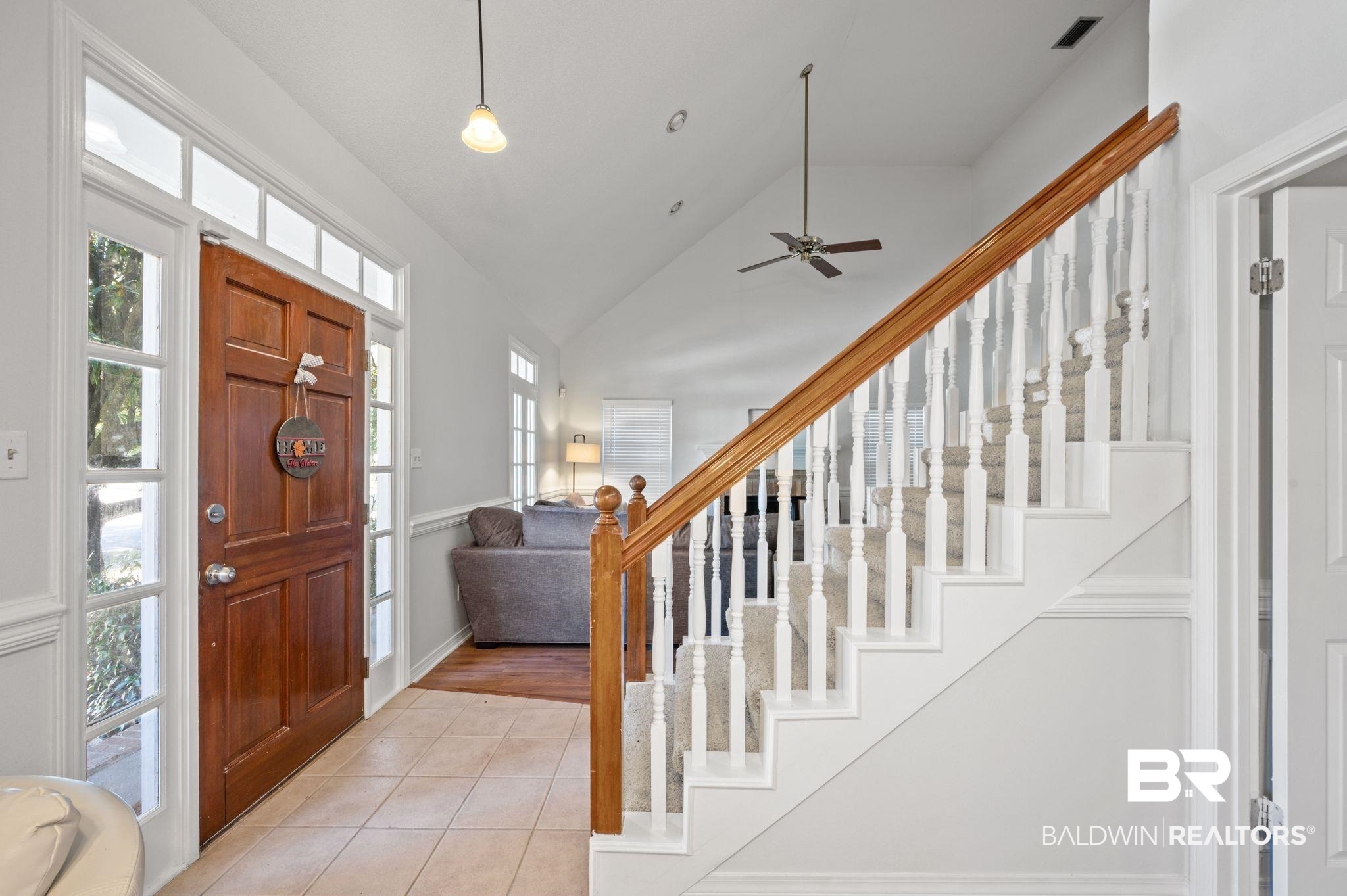6705 Autumn Ridge Drive Mobile, AL 36695 - Photo 15 of 24 Tiled entryway featuring ceiling fan and high vaulted ceiling
