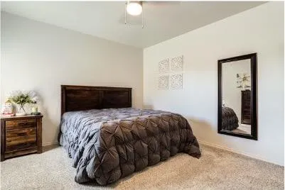 a bedroom with a bed and closet