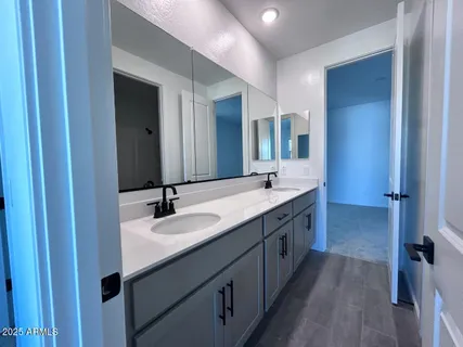 a bathroom with a double vanity sink and a large mirror