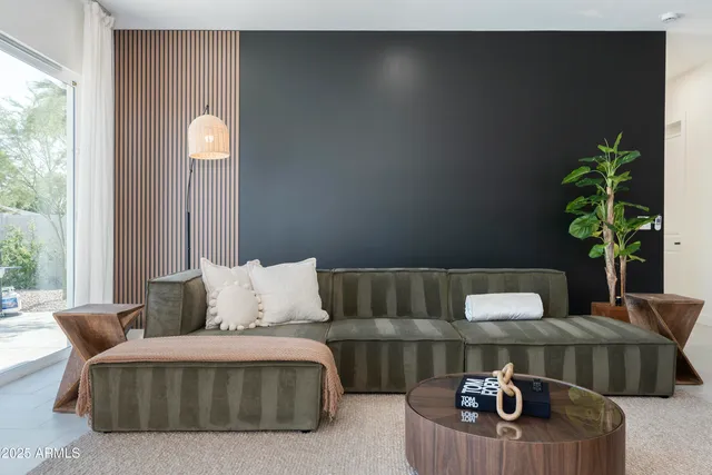 a living room with furniture and a potted plant