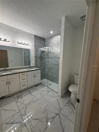 a bathroom with a granite countertop sink a toilet and shower