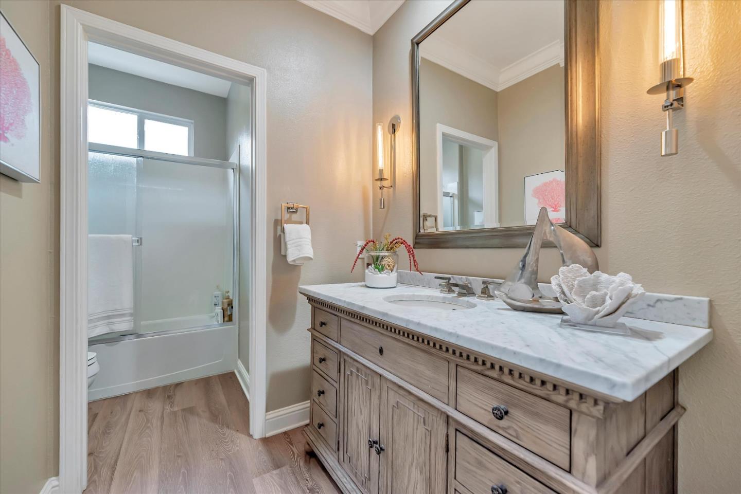 2160 Gullane Way Gilroy, CA 95020 - Photo 31 of 40 a bathroom with a granite countertop sink mirror and a bathtub