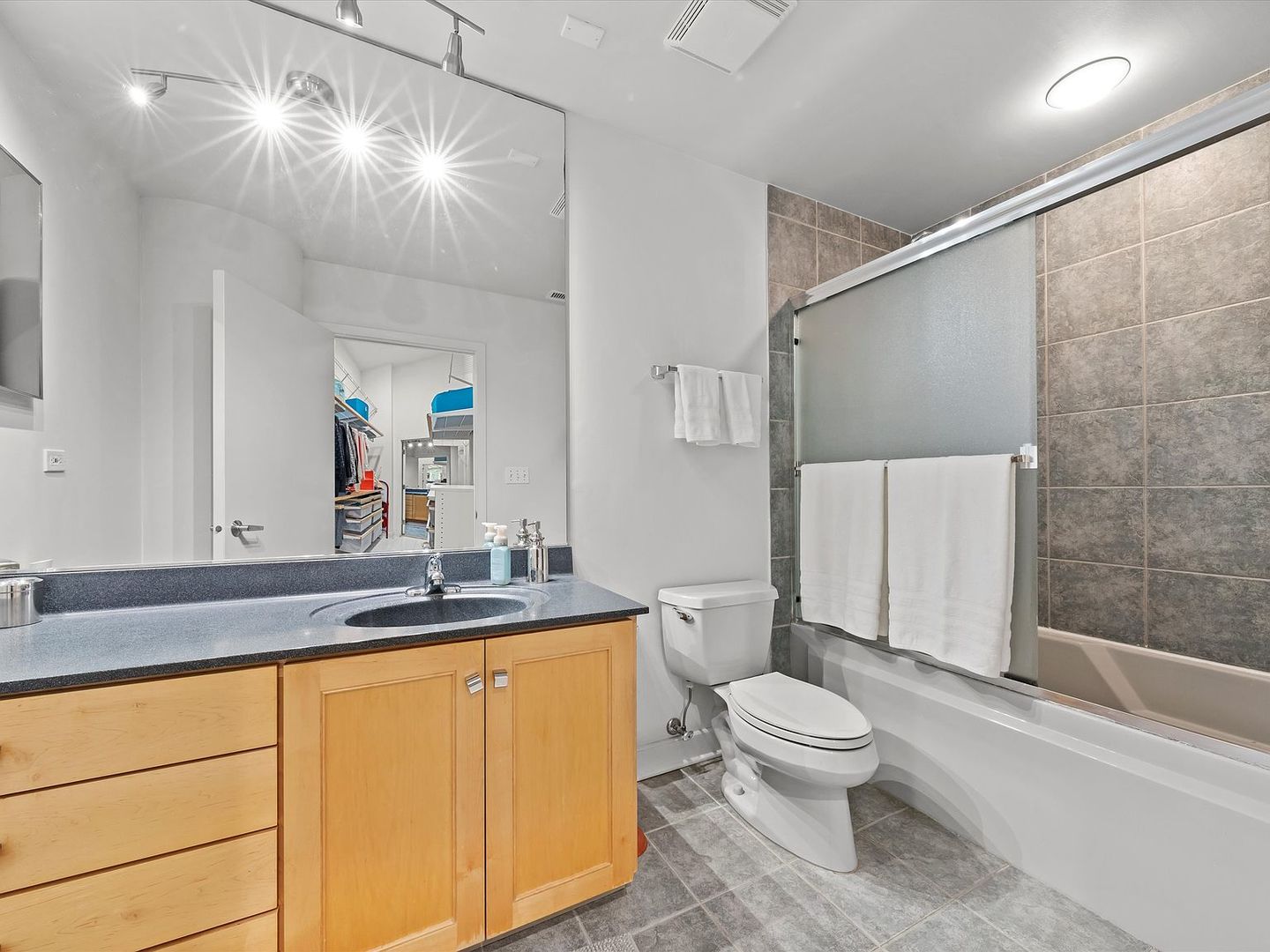 211 East Ohio Street, Unit 307 Chicago, IL 60611 - Photo 13 of 30 a bathroom with a granite countertop sink toilet a large mirror a shower and vanity