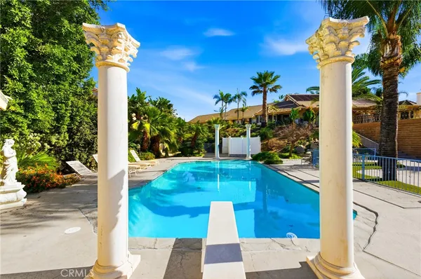 a view of a swimming pool with a yard