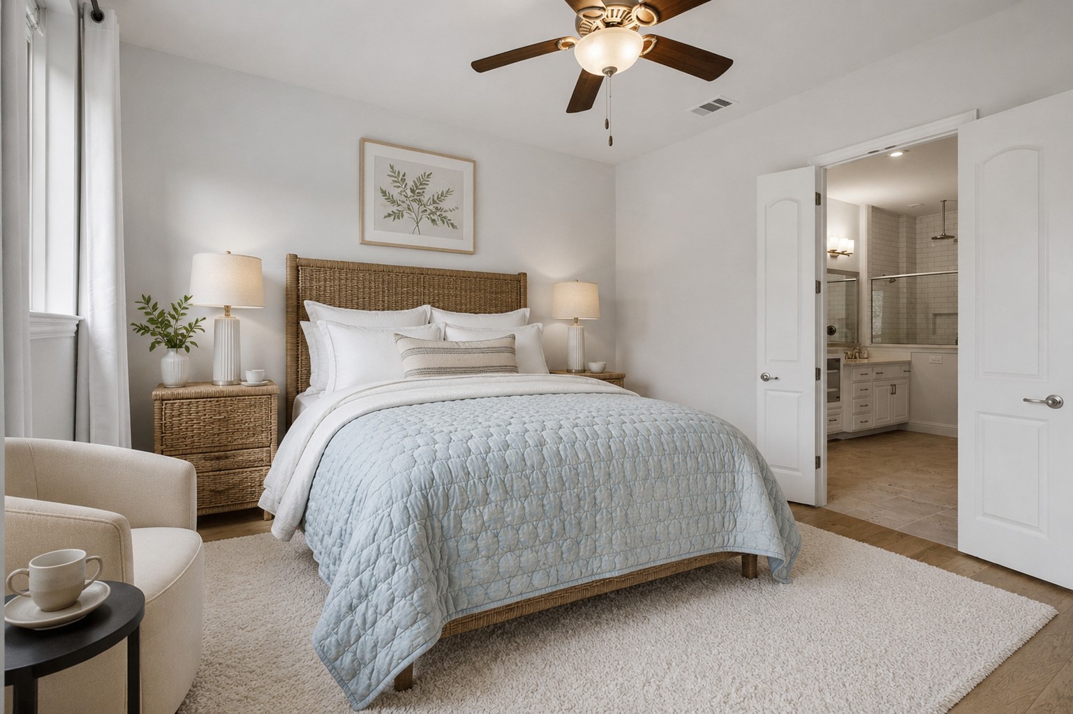 213 Diamondback Drive Georgetown, TX 78628 - Photo 7 of 37 A well-lit primary bedroom suite with warm wood flooring and an inviting ambiance, opening into an ensuite bath.
