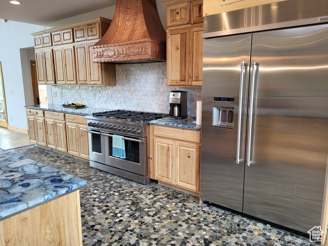 1406 South Bartholomew Cyn Road Springville, UT 84663 - Photo 4 of 19 Kitchen with high end appliances, custom exhaust hood, tasteful backsplash, light brown cabinets, and recessed lighting