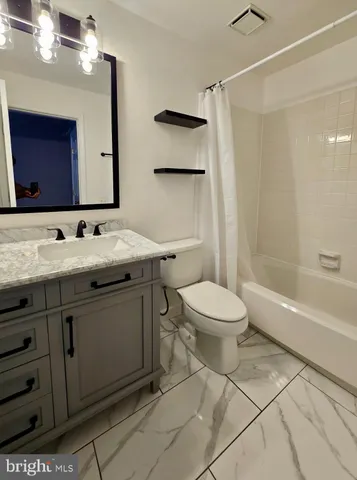a bathroom with a sink vanity and toilet