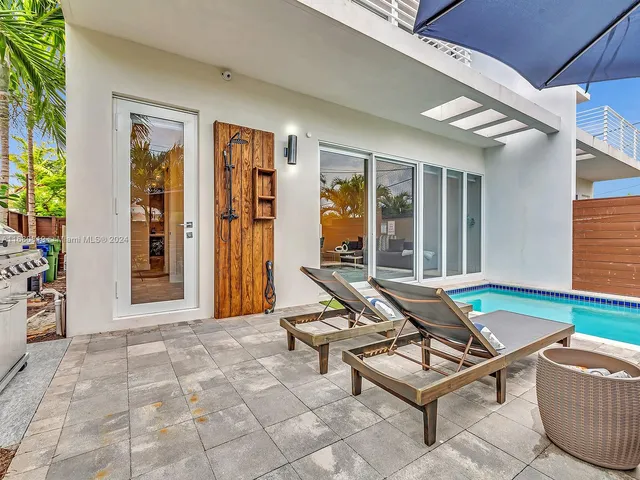 a view of backyard with outdoor seating and green space