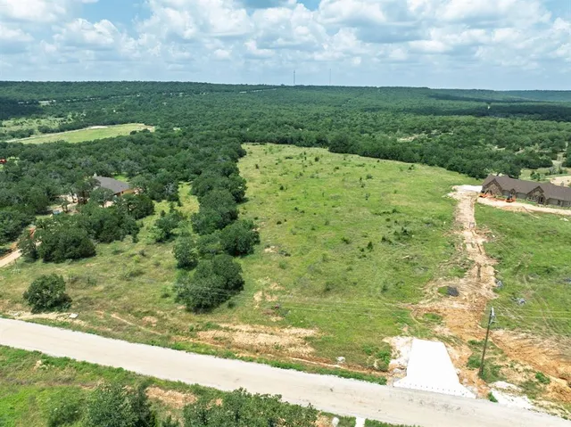 a view of a green yard with large trees