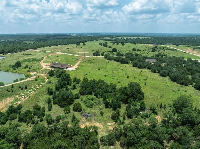 a view of a city with lush green forest