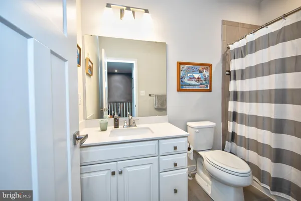 a bathroom with a sink a toilet a mirror and shower curtain