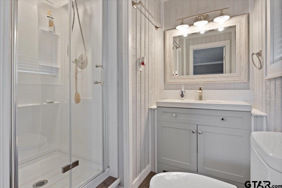 594 County Rd NE 2120 Talco, TX 75487 - Photo 15 of 36 a bathroom with a sink a mirror a toilet and shower
