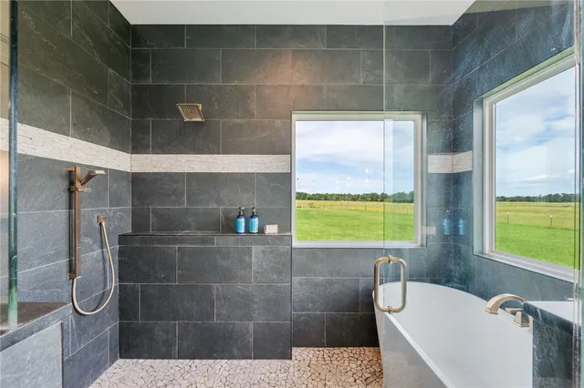 a bathroom with a bathtub and a shower