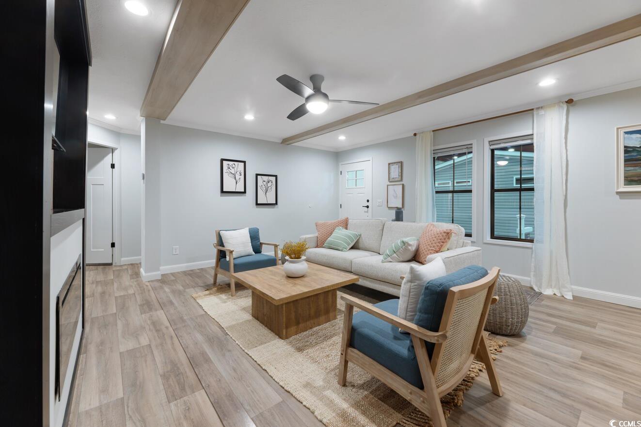1344 Rabbit Road Conway, SC 29526 - Photo 11 of 13 Living area with beam ceiling, a ceiling fan, light wood-type flooring, recessed lighting, and a fireplace