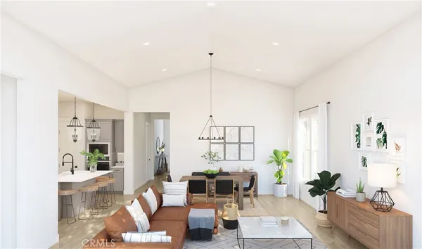 a living room with furniture and a table