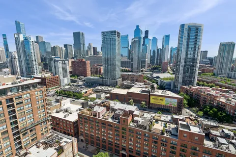 a city view with tall buildings