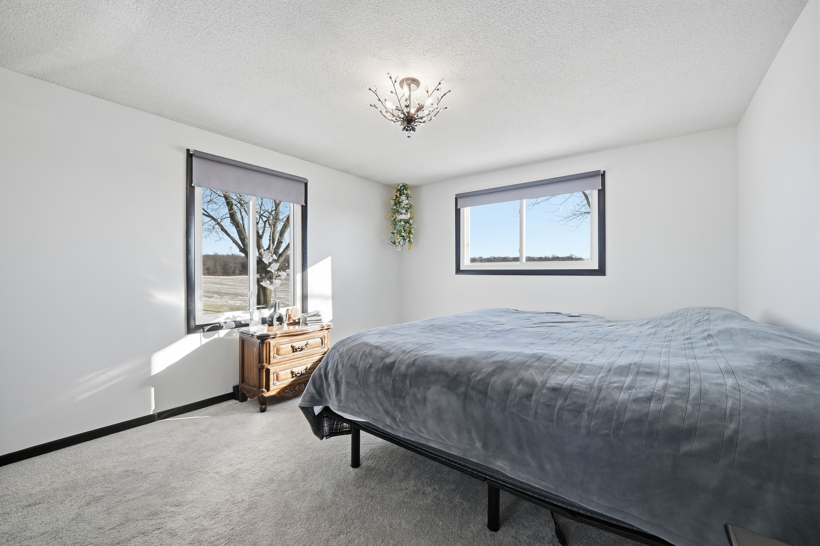 9807 North Leaf River Road Leaf River, IL 61047 - Photo 16 of 38 a bedroom with a bed a chandelier and a window