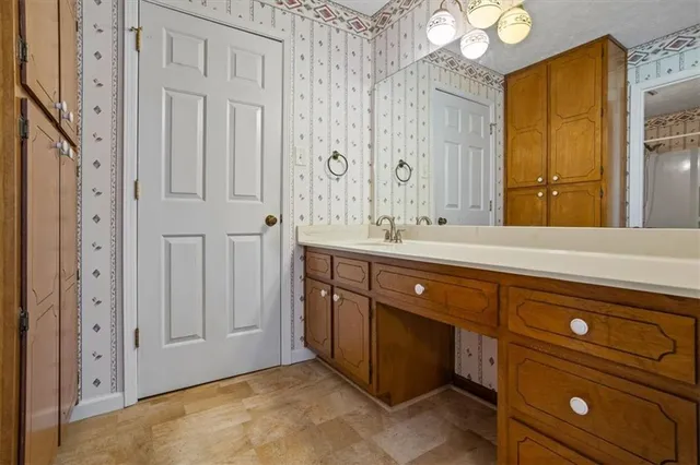 a bathroom with a sink vanity and a mirror