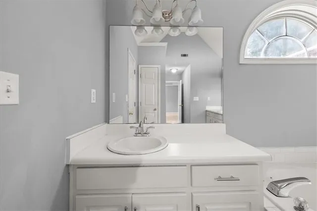 a bathroom with a sink and a mirror
