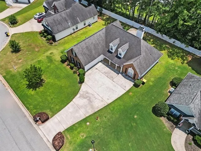 an aerial view of a backyard