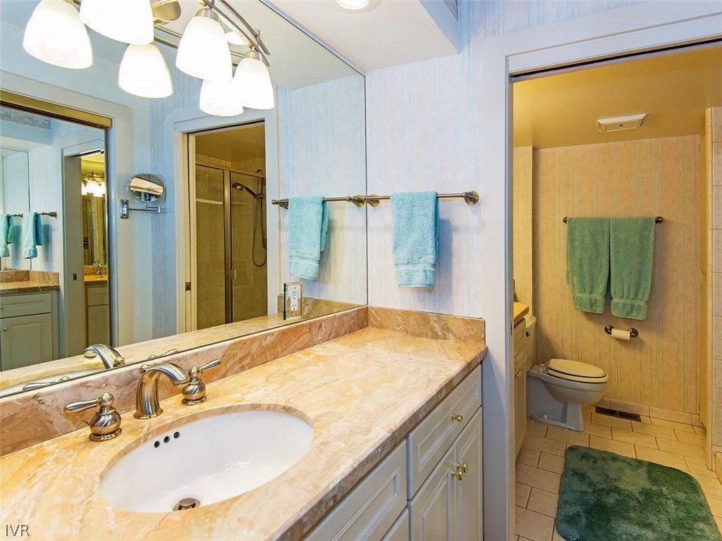 816 Toni Court Incline Village, NV 89451 - Photo 15 of 22 a bathroom with a granite countertop sink toilet and shower