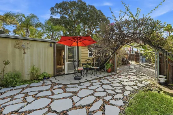 a view of a backyard with sitting area and furniture