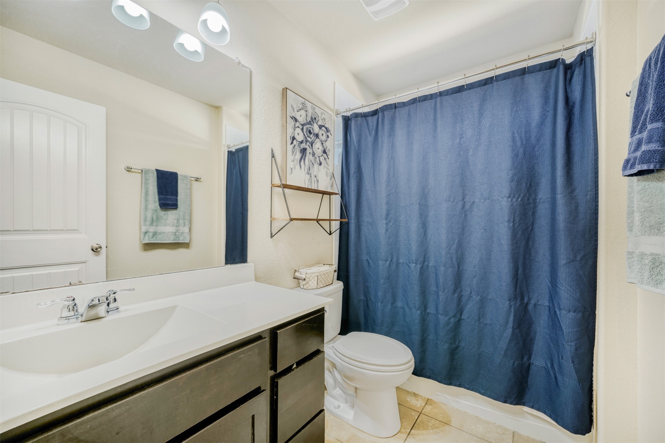 952 Palo Duro Loop Round Rock, TX 78664 - Photo 32 of 37 a bathroom with a sink a toilet a mirror and shower curtain