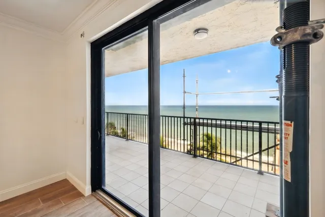 a view of a balcony from window