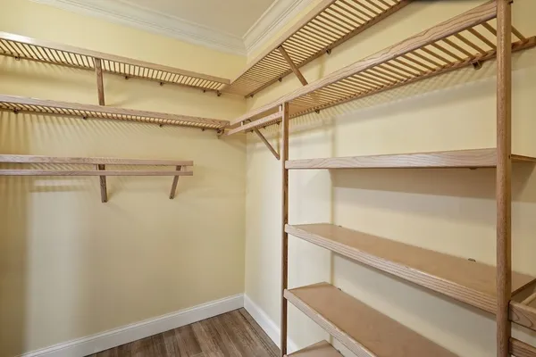 a view of walk in closet with empty racks