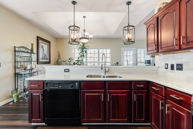 a kitchen with a sink chandelier and stainless steel appliances