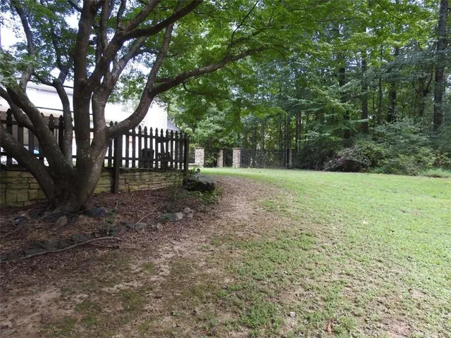 a view of a park with large trees