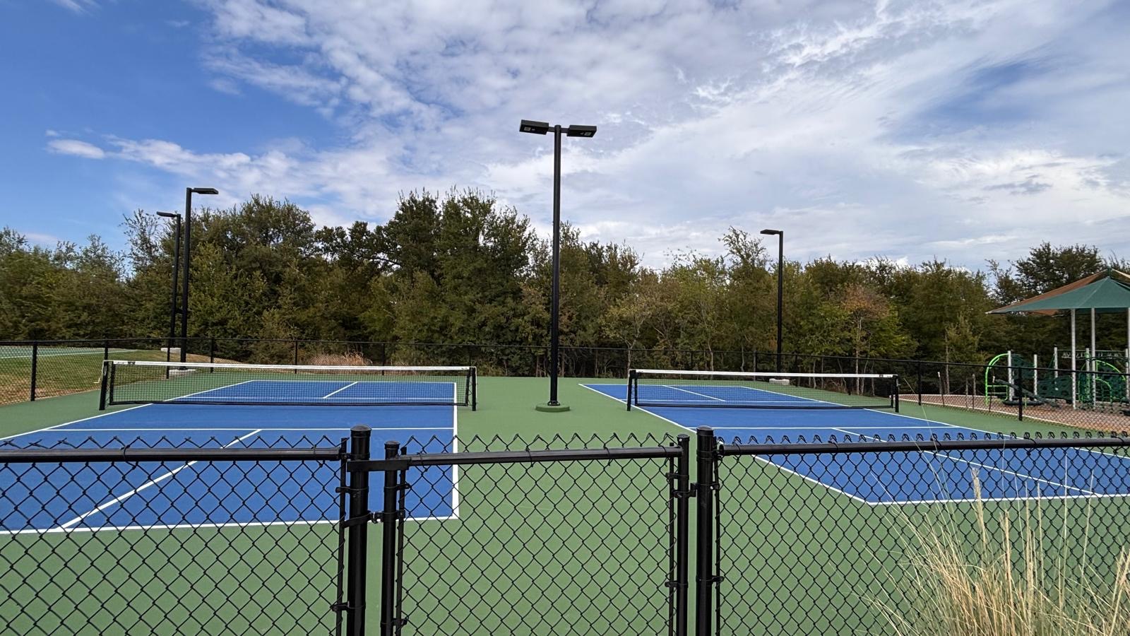 2704 Towy Road Manor, TX 78653 - Photo 30 of 37 Professional-grade outdoor courts sit adjacent to a neighborhood playground under a blue sky.