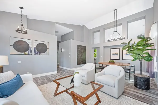 a living room with furniture potted plant and a window