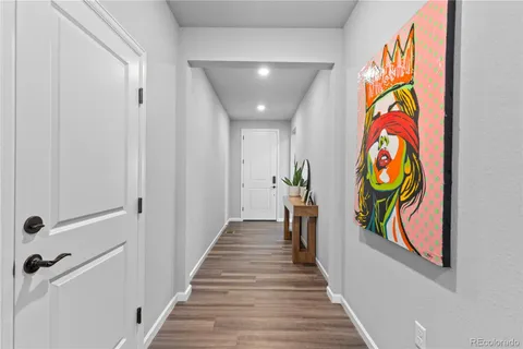 a view of a hallway to a house with plants