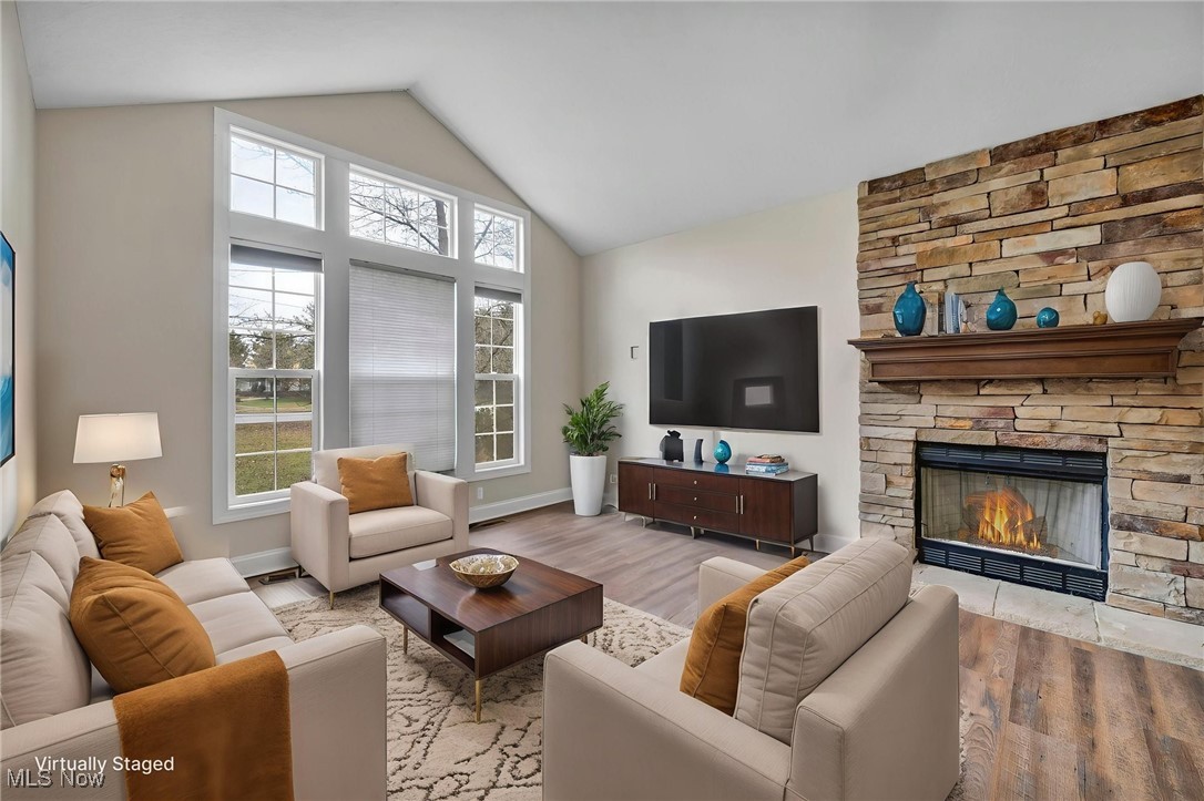 Living area featuring wood finished floors, high vaulted ceiling, and a fireplace