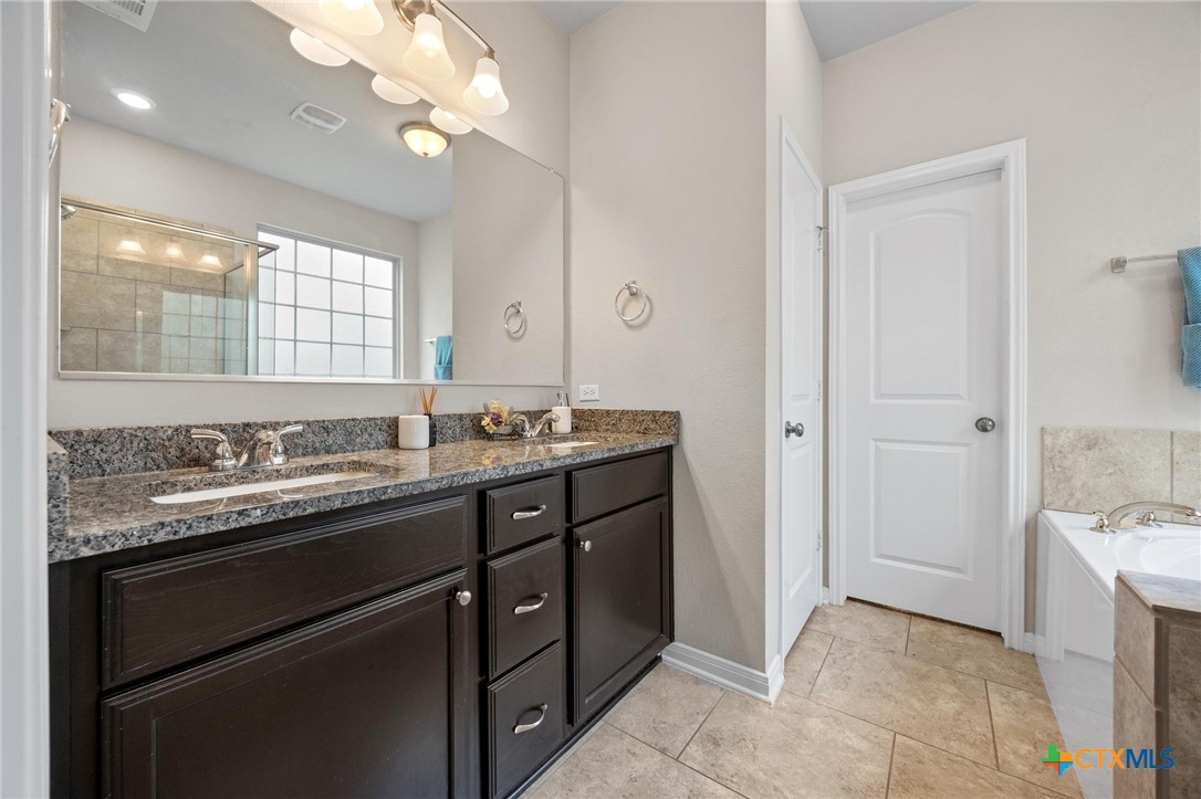 5338 Fenton Lane Belton, TX 76513 - Photo 17 of 33 a bathroom with a sink a vanity a mirror and a bathtub