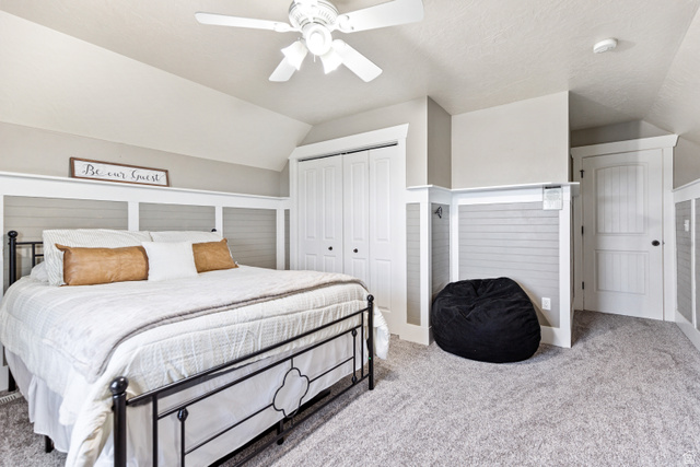 580 Cherry Ridge Lane Richmond, UT 84333 - Photo 31 of 53 Bedroom with vaulted ceiling, carpet, a closet, and a ceiling fan
