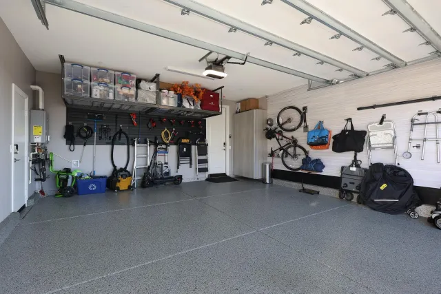 a view of a garage with storage