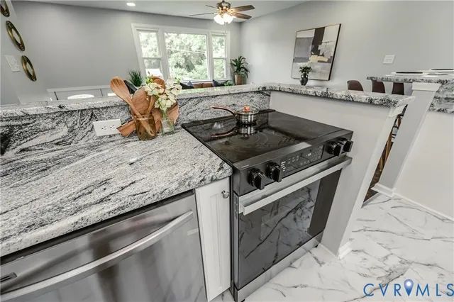 a kitchen with a stove a sink and a granite counter tops
